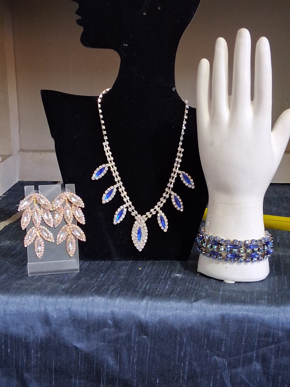 Rhinestone Leaf Necklace & Earring Bracelet Set Lot Blue and Clear Jewelry